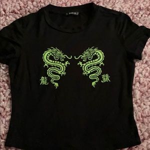 Black crop tee with two green dragons